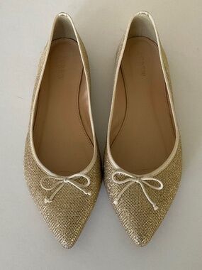 J. CREW Leather Ballet Flats Bow in Gold Glitter Size 9